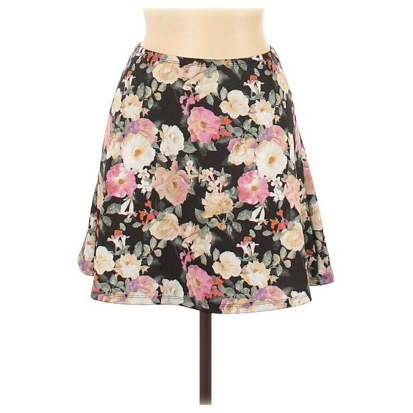 Forever 21 Floral Photo Skirt A-Line Print Juniors Large Mini Flare Black Pink - Picture 1 of 2